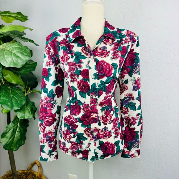Vintage Pykettes 90s Floral Long Sleeve Button Down Shirt Shabby Chic - Picture 1 of 8